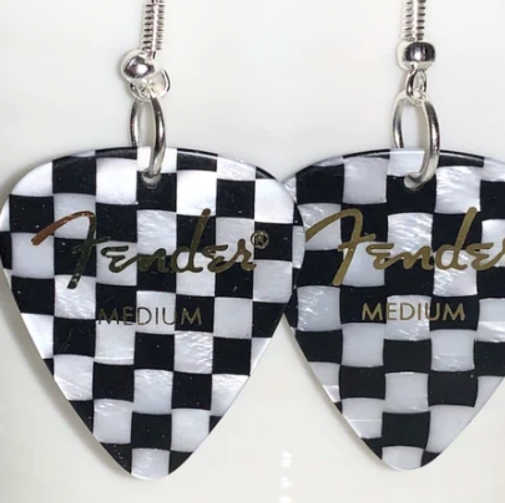 𝅺NEW Handmade Classic Checkered Guitar Pick Silver Drop Hook Earrings